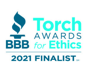 "Image: A finalist certificate for the Better Business Bureau Torch Awards for Ethics 2021. The certificate features an elegant design with the BBB logo, the words "Finalist' prominently displayed, and decorative elements. It symbolizes recognition for ethical business practices."