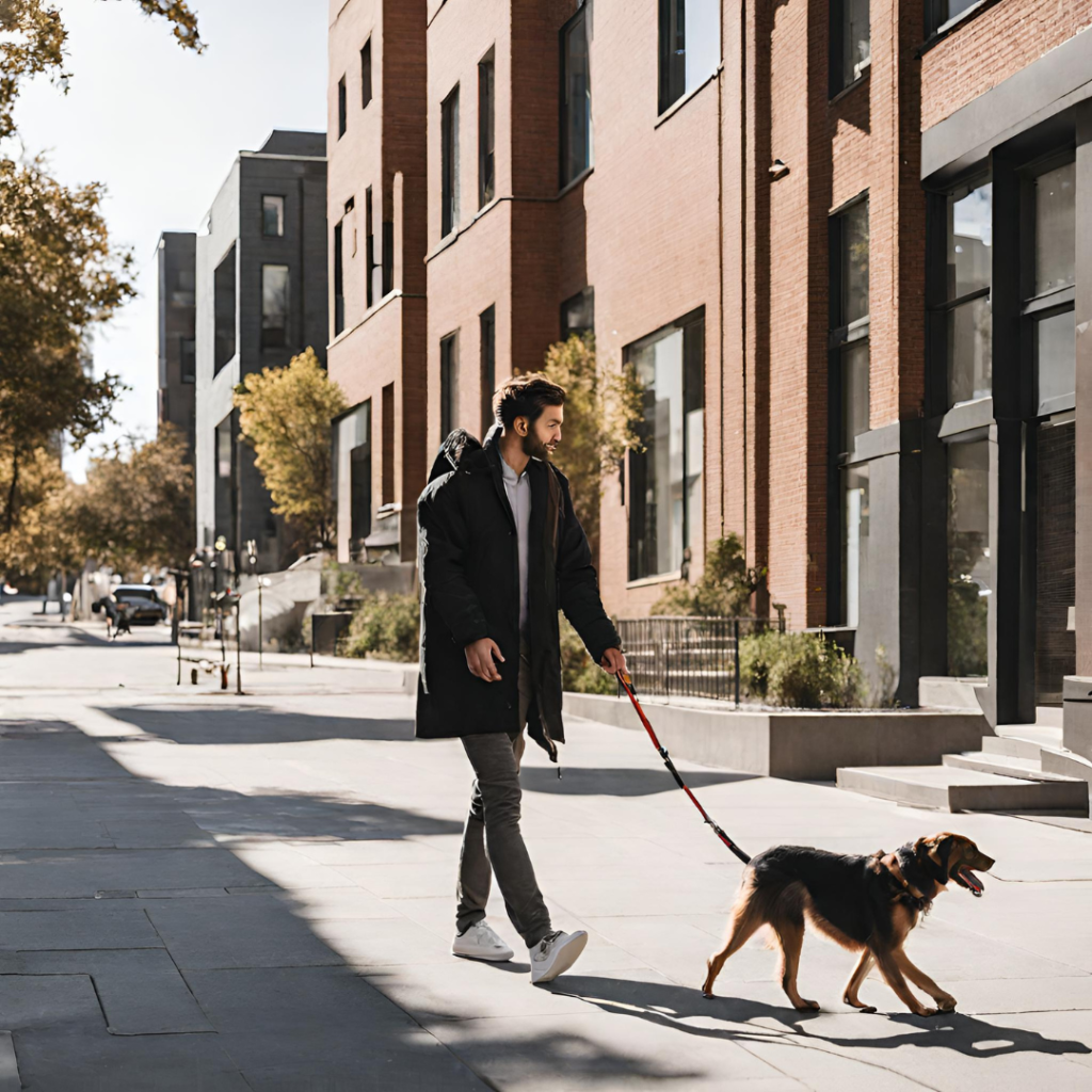 man walking dog in city