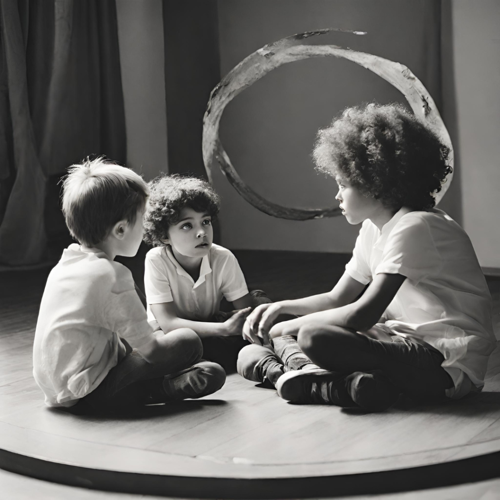 three children sitting in small circle together