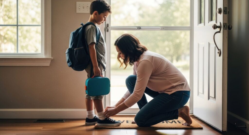 large vecteezy a woman and a boy are kneeling on the floor in front of a door 74105951 large
