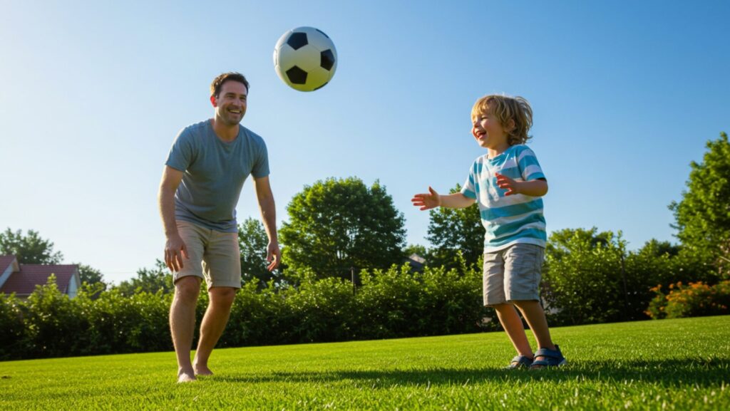 large vecteezy happy father and son playing soccer in a sunny park with a 68245053 large